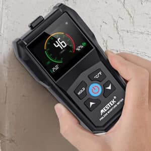 Mål enkelt og hurtigt fugtniveauet i materialer, og aflæs med det samme fugtprocenten direkte på den store farveskærm. Måler desuden temperatur og relativ luftfugtighed ved målestedet