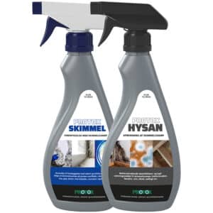 Rens-og-forebyg sæt med to klar-til-brug sprayflasker, der giver mulighed for både at afrense og forebygge ny vækst af skimmelsvamp. Indeholder Protox Hysan og Protox Skimmel